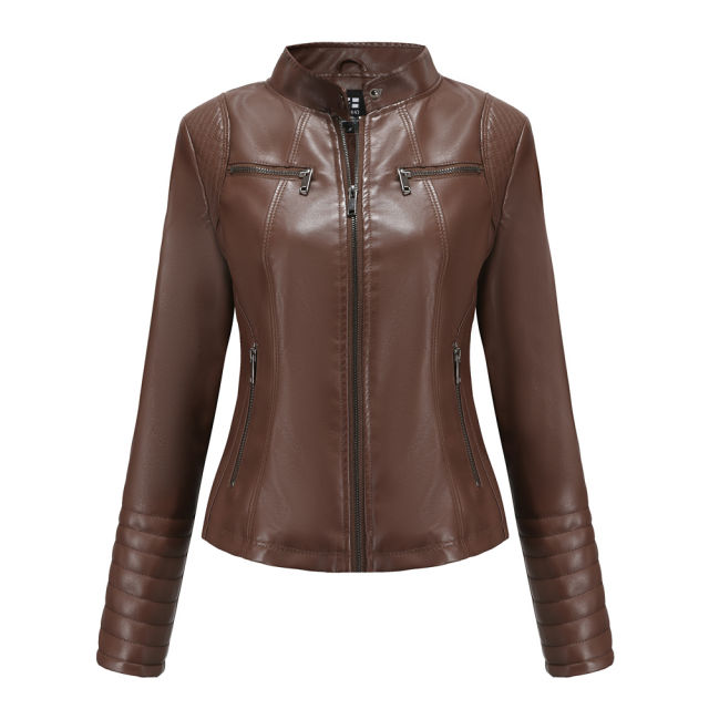 Coffee Zipper Pockets Long Sleeve PU Leather Jacket TQK280093-15