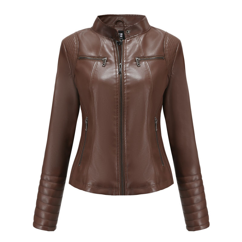 Coffee Zipper Pockets Long Sleeve PU Leather Jacket TQK280093-15
