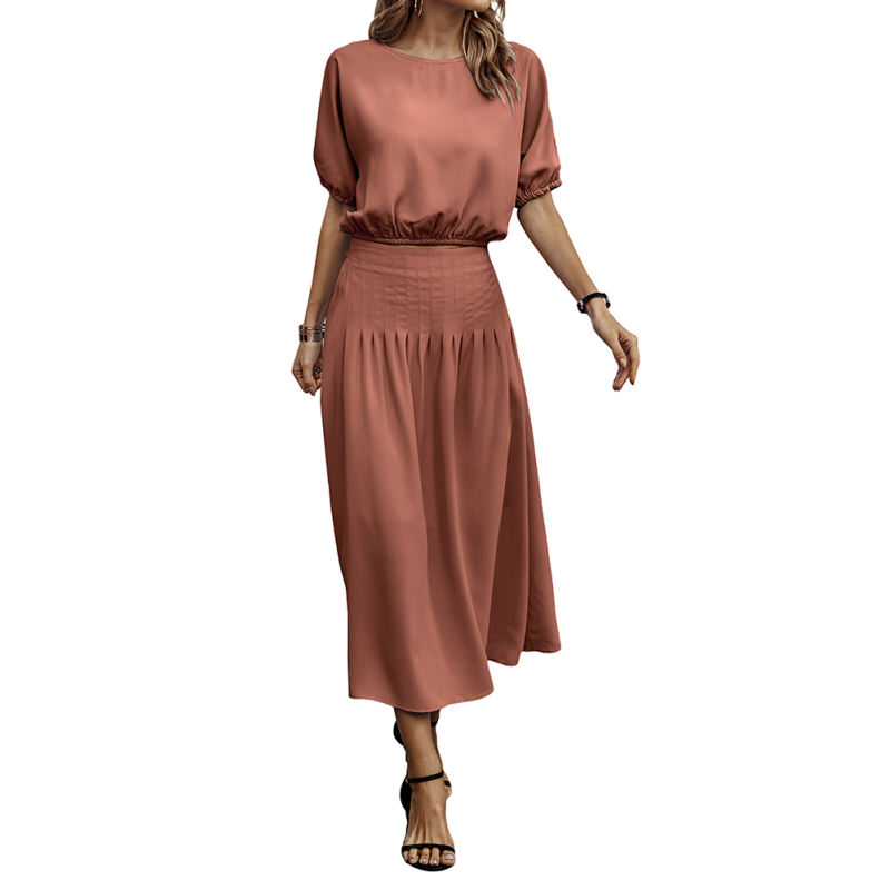 Rust Red Pleated Crop Top with Skirt Set TQX711094-33