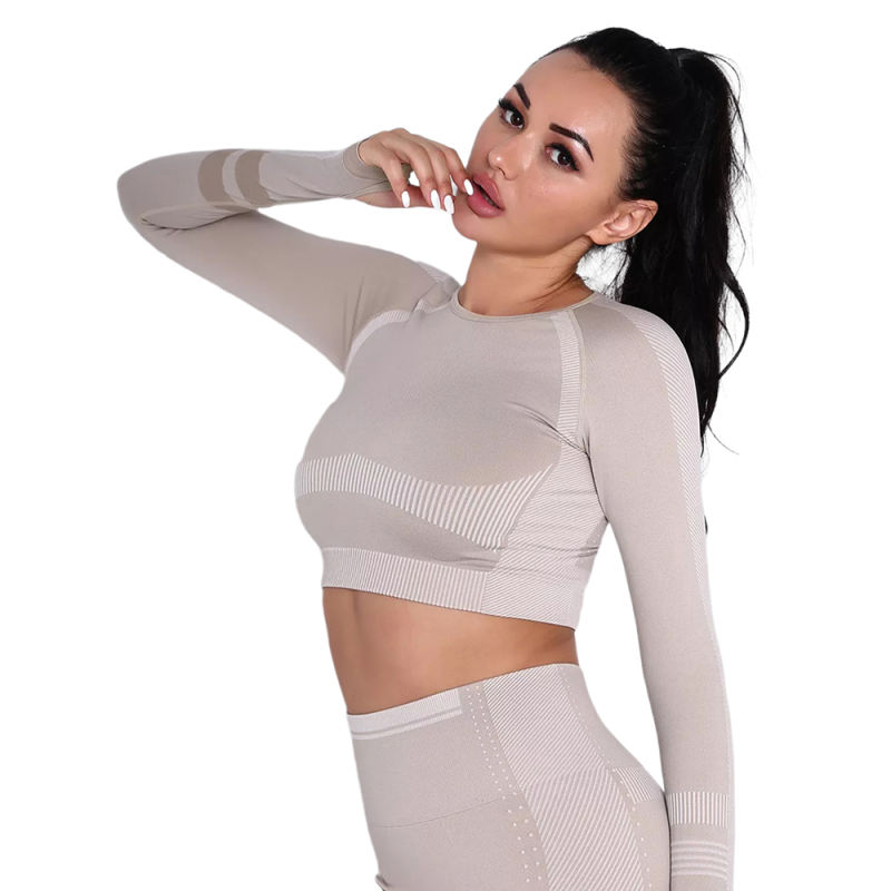 Khaki Seamless Knit Long Sleeve Pant Yoga Set TQE91372-21