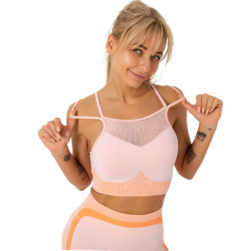 Orange Splice Pink Sports Bra With Shorts Set TQK710234-10