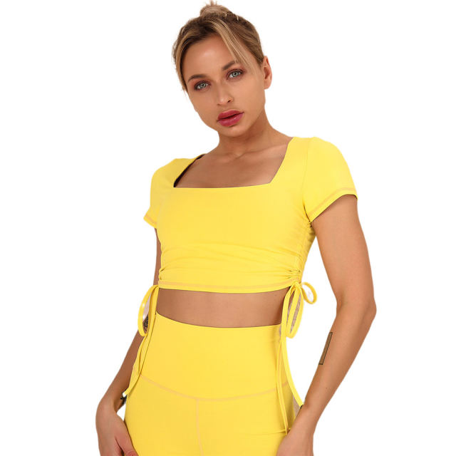 Yellow Sides Drawstring Short Sleeve Yoga Short Set TQK710241-7