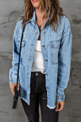 Sky Blue Rhinestone Pearls Denim Shacket LC788118-4