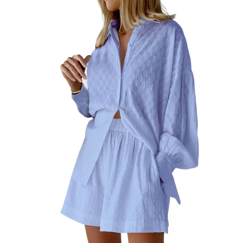 Blue Hollow-out Jacquard Long Sleeve Shirt with Shorts Set TQF711040-5