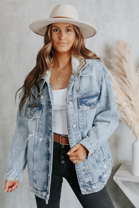 Sky Blue Button Closure Ripped Hooded Denim Jacket LC788143-4
