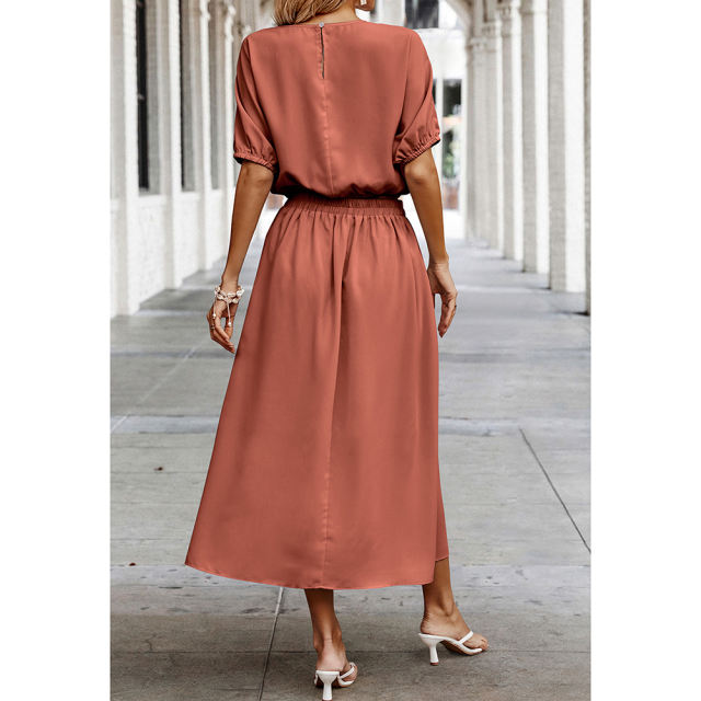 Rust Red Pleated Crop Top with Skirt Set TQX711094-33