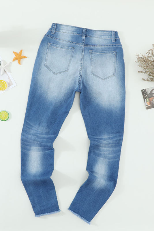 Faded Mid High Rise Jeans with Holes LC78267-4