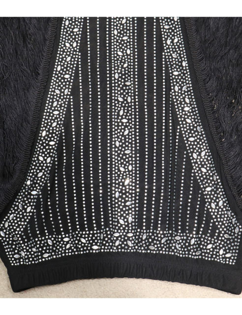 Black Rhinestone Long Sleeve Crop Tops and Tassels Skirt Set TQV810016-2