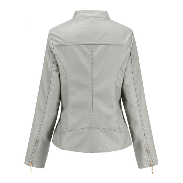 Gray Classic Style Stand Collar PU Leather Jacket TQK280092-11