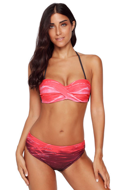 Red Gradient Print Halter Bandeau Bikini Swimsuit