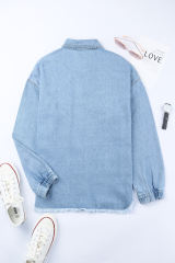 Sky Blue Rhinestone Pearls Denim Shacket LC788118-4