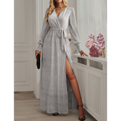 Silver Sequin V Neck High Split Maxi Dress TQK311352-13