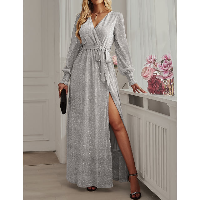 Silver Sequin V Neck High Split Maxi Dress TQK311352-13