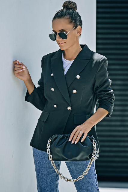 Black Double Breasted Lapel Collar Pocketed Blazer LC852396-2