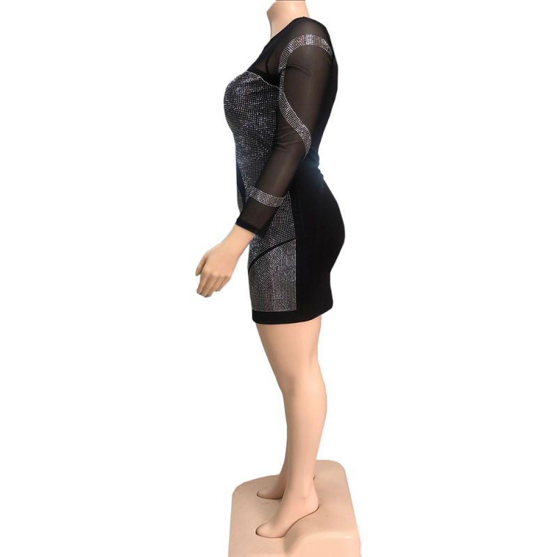 Black Mesh Rhinestone Long Sleeve Plus Size Dress TQK310440-2