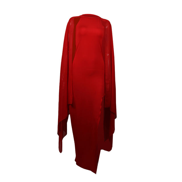 Red Crepe Flared Sleeve Bodycon Maxi Dress LCSN070-3