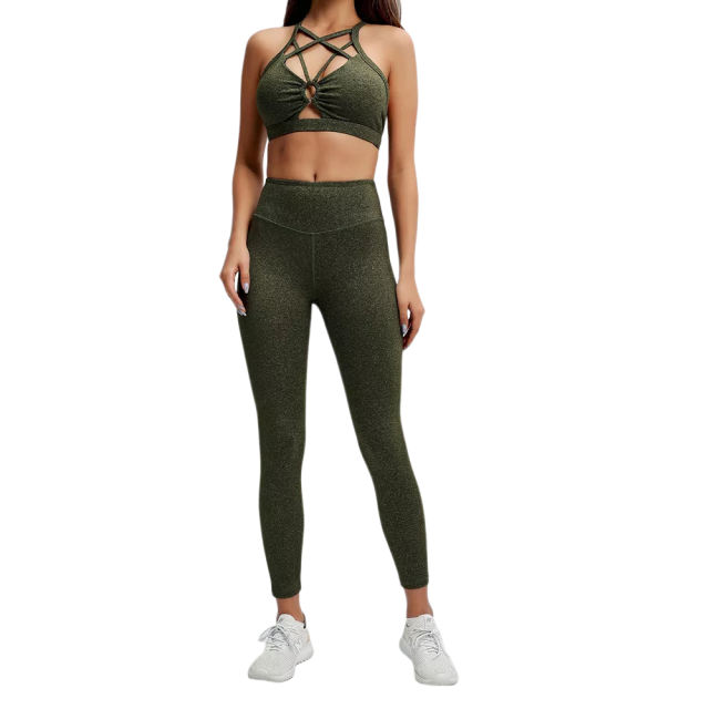 Army Green Front Criss-cross Bra with Pant Yoga Set TQE91346-27