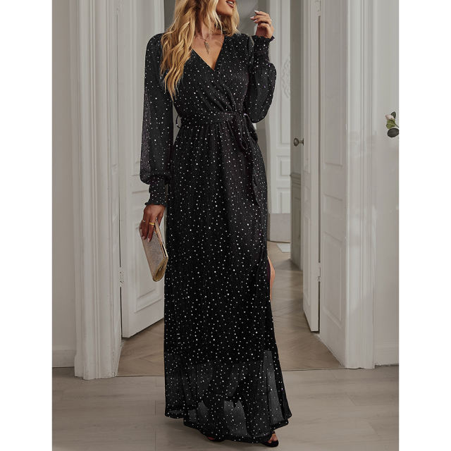 Black Sequin V Neck High Split Maxi Dress TQK311352-2
