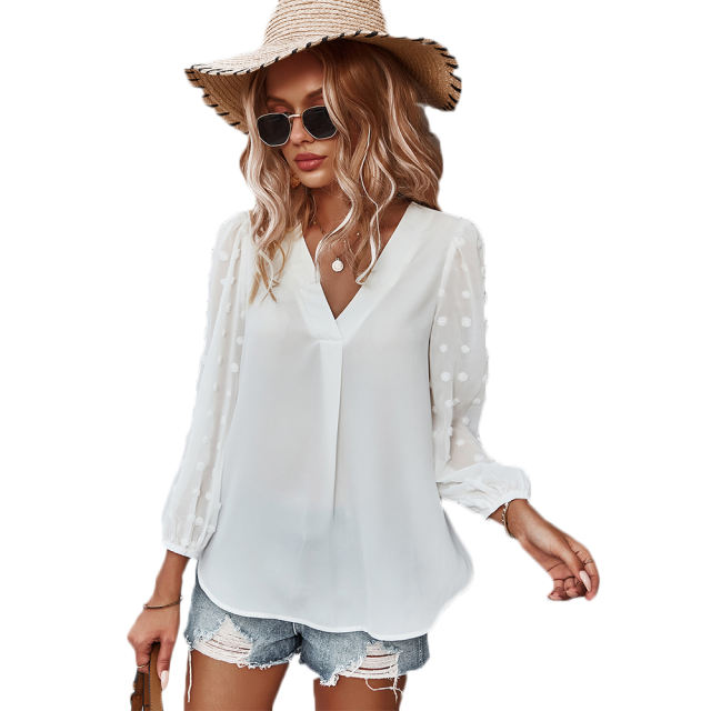 White V Neck Chiffon Long Sleeve Blouse TQK210640-1