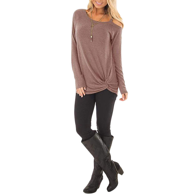 Brown Cold Shoulder Knot Twist Front Tunic Tops