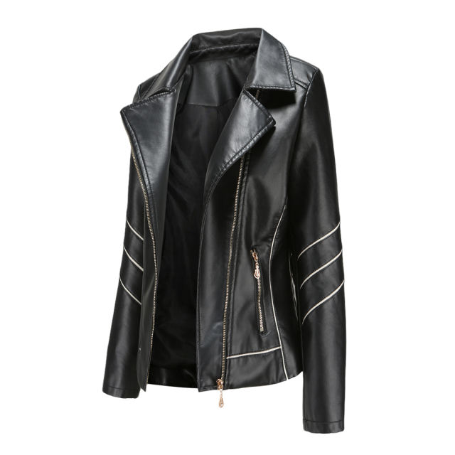 Black Turn Down Slim Fit PU Leather Jacket TQK280095-2