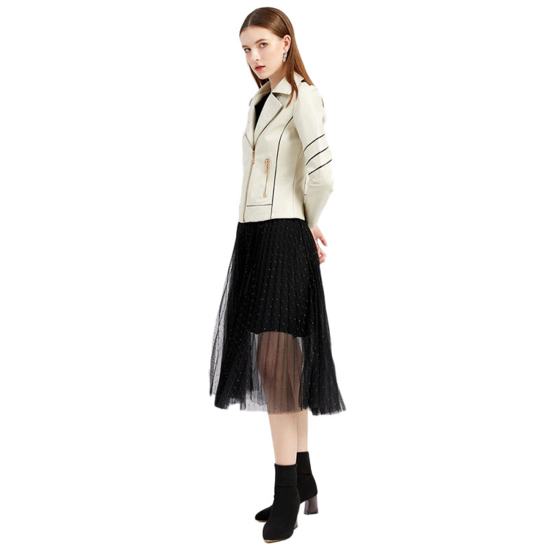 Beige Turn Down Slim Fit PU Leather Jacket TQK280095-46