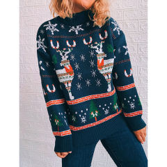 Navy Blue Christma Tree Deer Snowflake Print Knit Pullover TQK271415-34