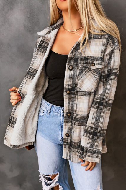 Black Vintage Plaid Fleece Lining Jacket LC854187-2