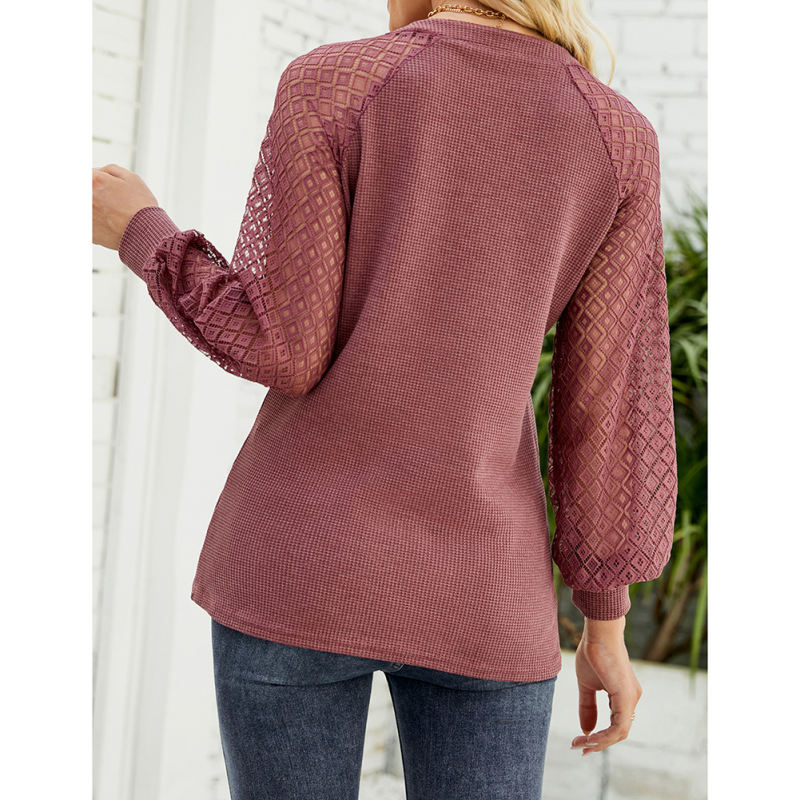 Brick Red Waffle Splicing Lace Long Sleeve Tops TQF210082-66