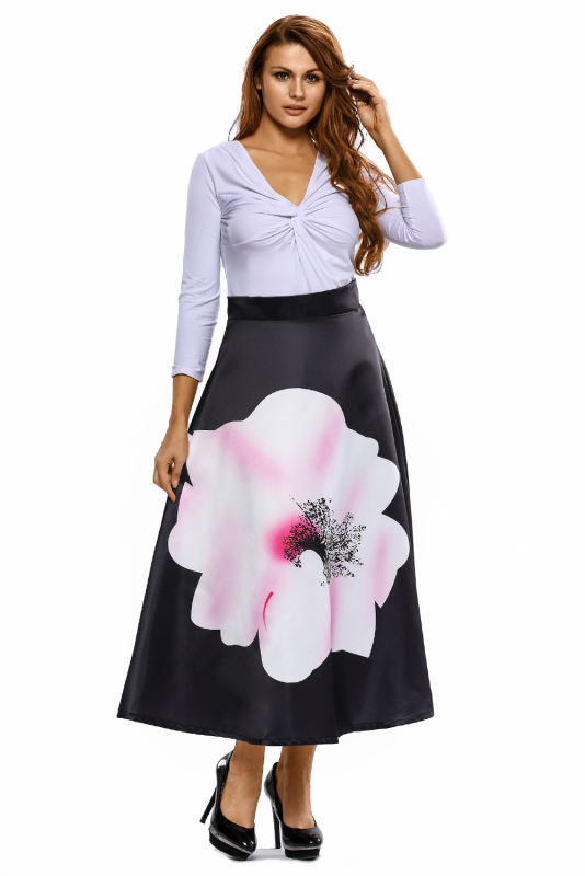 Big Flower Print Black High Waist Maxi Skirt LC65017-2