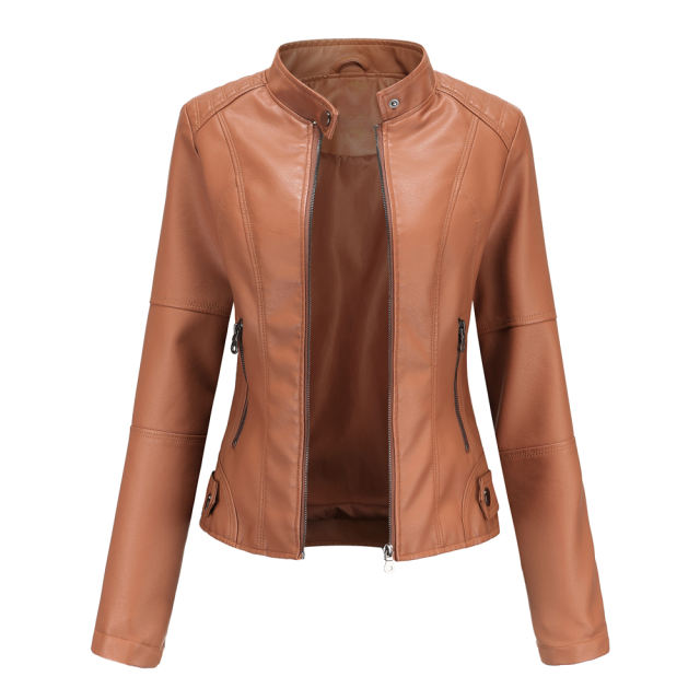 Camel Slim Fit Stand Collar PU Motorcycle Jacket TQK280091-58
