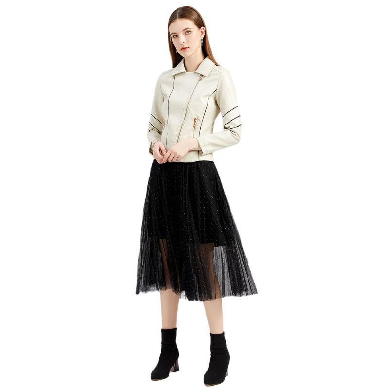 Beige Turn Down Slim Fit PU Leather Jacket TQK280095-46