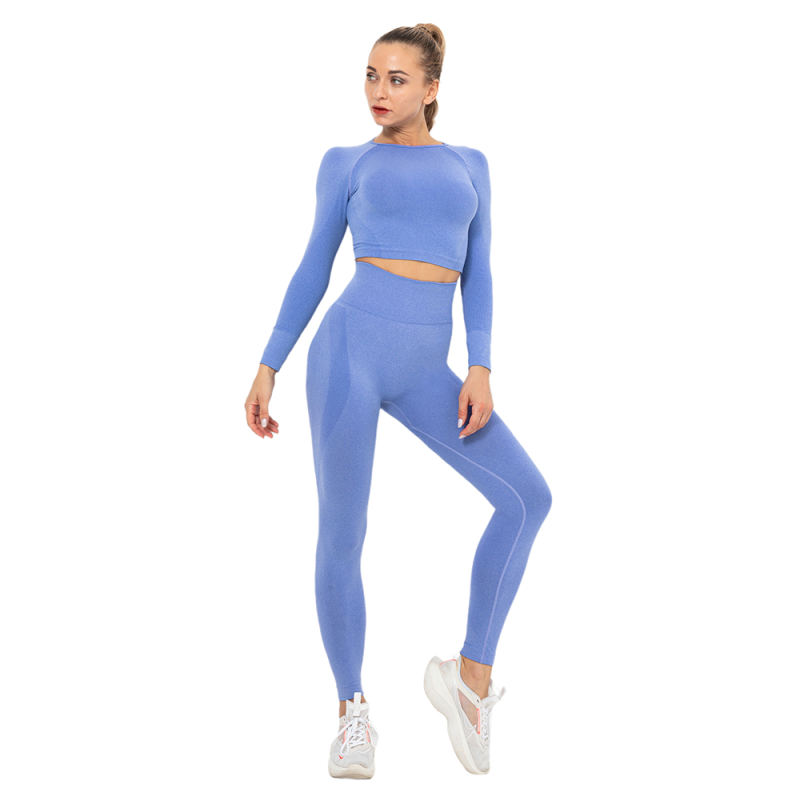 Light Blue Seamless Long Sleeve Yoga Sports Set TQE00135-30