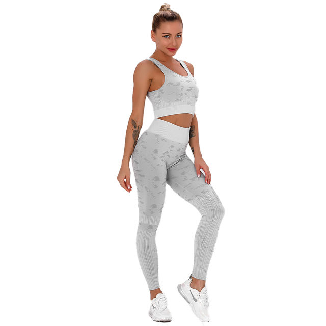 Gray Camo Print Sports Bra with High Waist Pant Set TQE00132-11