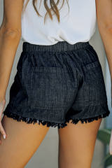 Black Casual Pocketed Frayed Denim Shorts LC77959-2