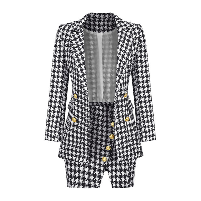 Black Plaid Print Blazer and Button Split Skirt Set TQF711046-2