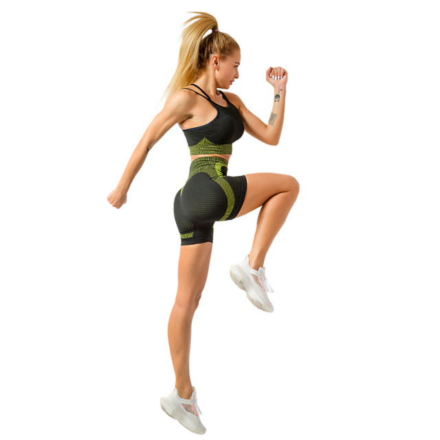Army Green Splice Black Sports Bra With Shorts Set TQK710234-27