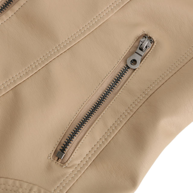 Apricot Slim Fit Stand Collar PU Motorcycle Jacket TQK280091-18