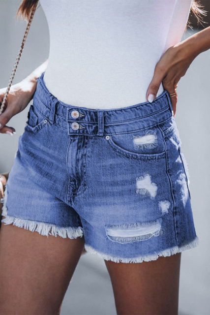 Sky Blue Distressed Raw Hem Buttons Denim Shorts with Pockets LC781037-4