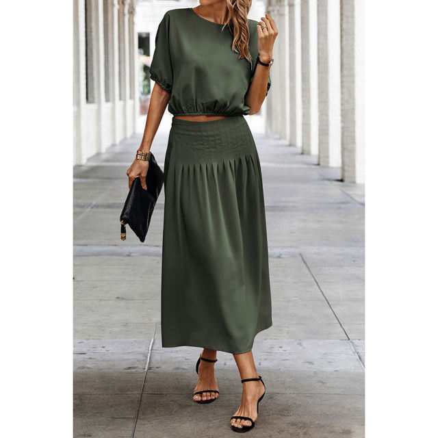 Army Green Pleated Crop Top with Skirt Set TQX711094-27