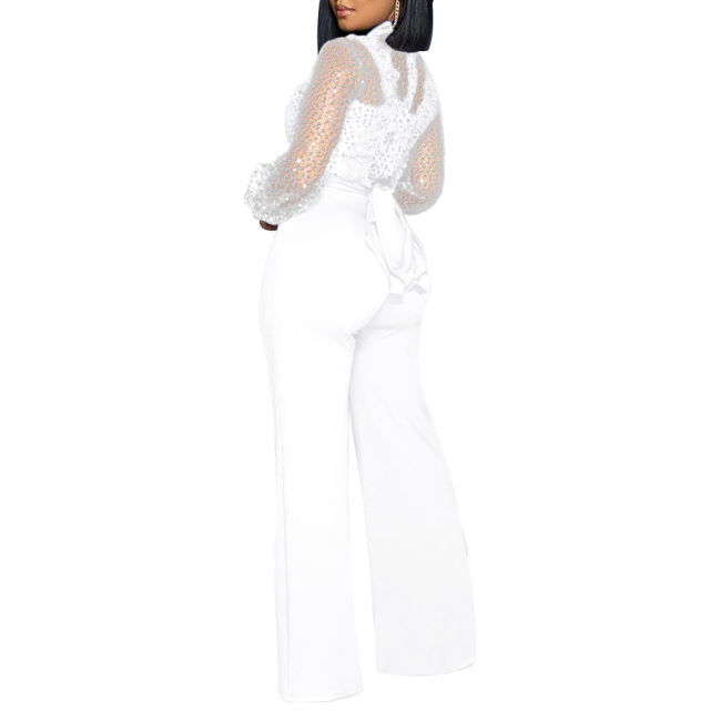 White Back Lace-up Long Sleeve Sequin Jumpsuit TQK550346-1