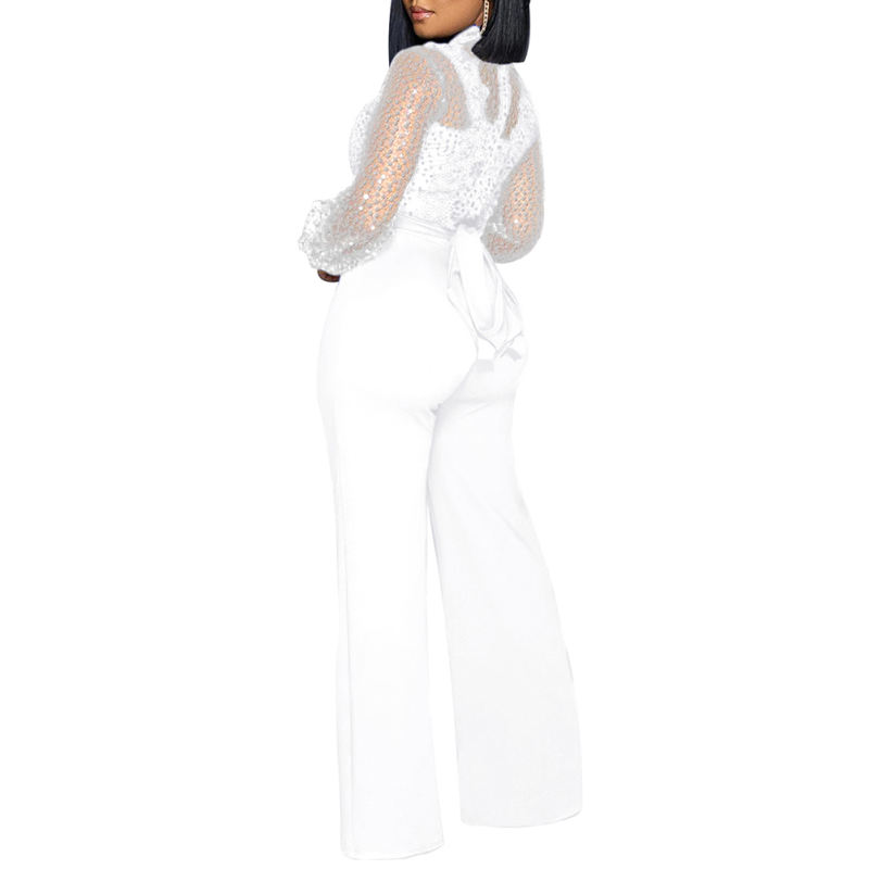 White Back Lace-up Long Sleeve Sequin Jumpsuit TQK550346-1