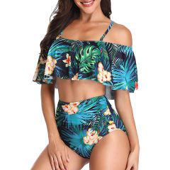 Green Floral Print High Waist Bikini Swimsuit