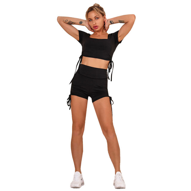 Black Sides Drawstring Short Sleeve Yoga Short Set TQK710241-2