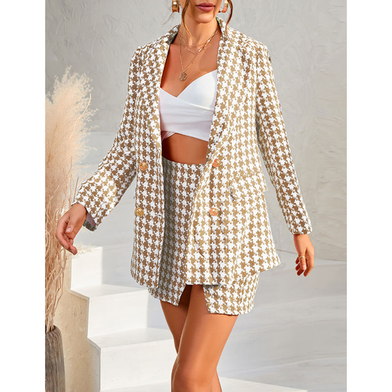 Khaki Plaid Print Blazer and Button Split Skirt Set TQF711046-21