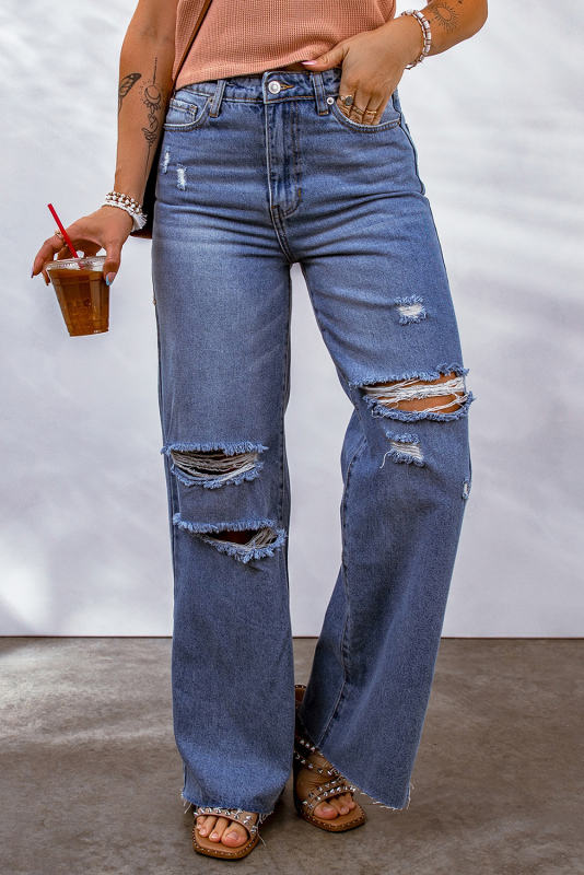 Blue Distressed High Waist Straight Leg Jeans LC7872269-5