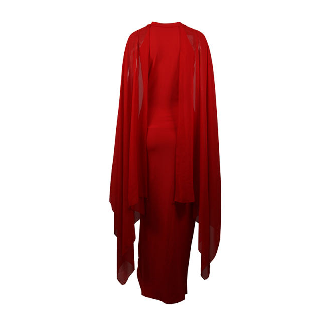 Red Crepe Flared Sleeve Bodycon Maxi Dress LCSN070-3