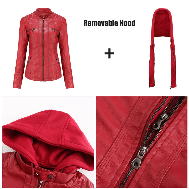 Red Removable Hooded Washed PU Leather Jacket TQK280096-3