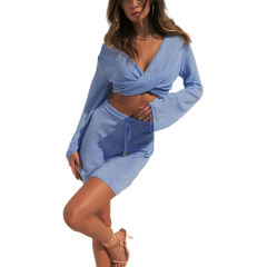 Light Blue Knot Front V Neck Crop Top with Skirt Set TQK710390-30