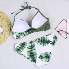 Green Leaf Print Halter Bikini Swimsuit TQK610119-9